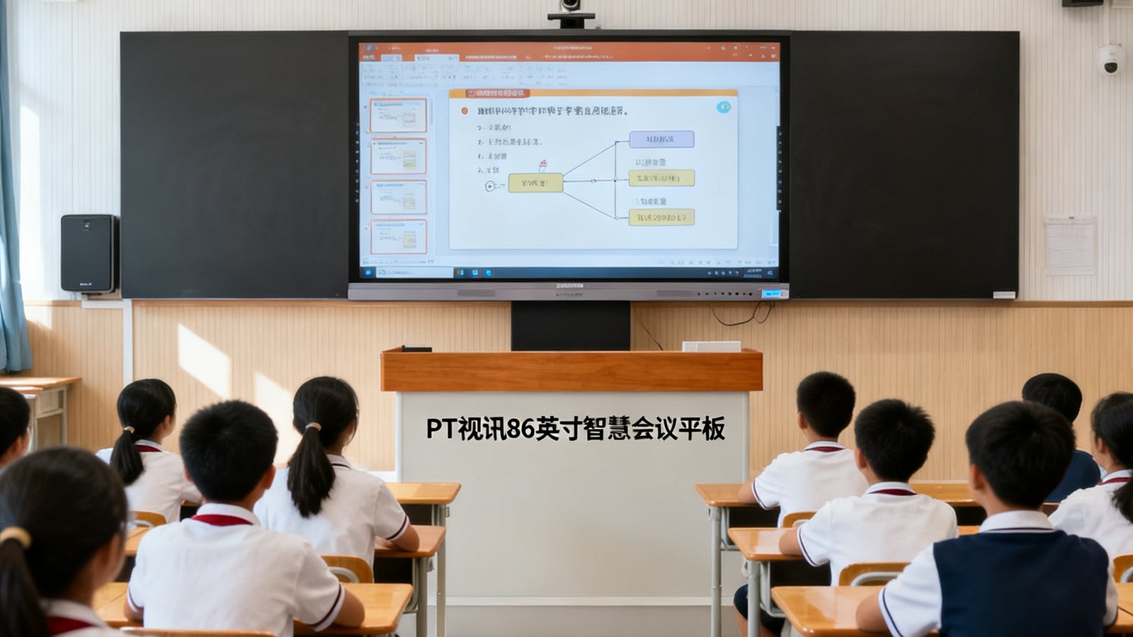 某重点中学智慧教室内部，讲台前方安装PT视讯86英寸智慧会议平板，屏幕上展示着互动课件，教室内学生座位排列整齐，自然采光与室内灯光柔和融合
