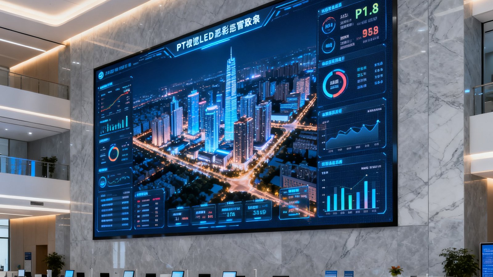 PT视讯LED全彩大屏在现代化政务大厅内点亮运行，超高清画质展示城市数据可视化界面，屏幕宽约8米高约3米，采用P1.8小间距技术，画面细腻无颗粒感，周围环境为浅灰色大理石墙面与柔和暖光照明